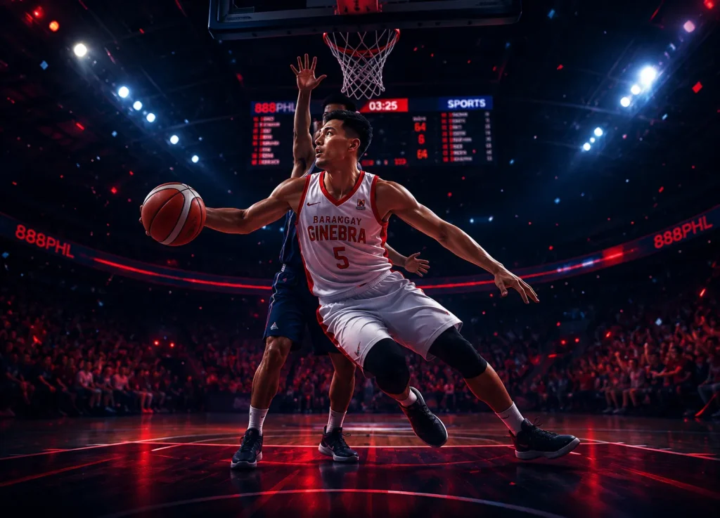 Intense basketball action in vibrant arena