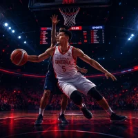 Intense basketball action in vibrant arena