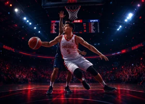 Intense basketball action in vibrant arena
