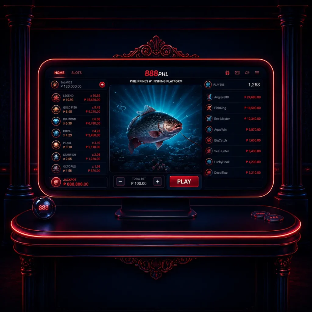 Neon-lit casino fishing platform interface